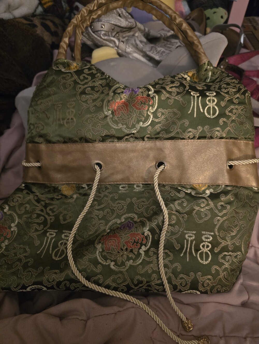 Asian Style Green and Gold Embroidered Handbag with Floral and Scrollwork Design